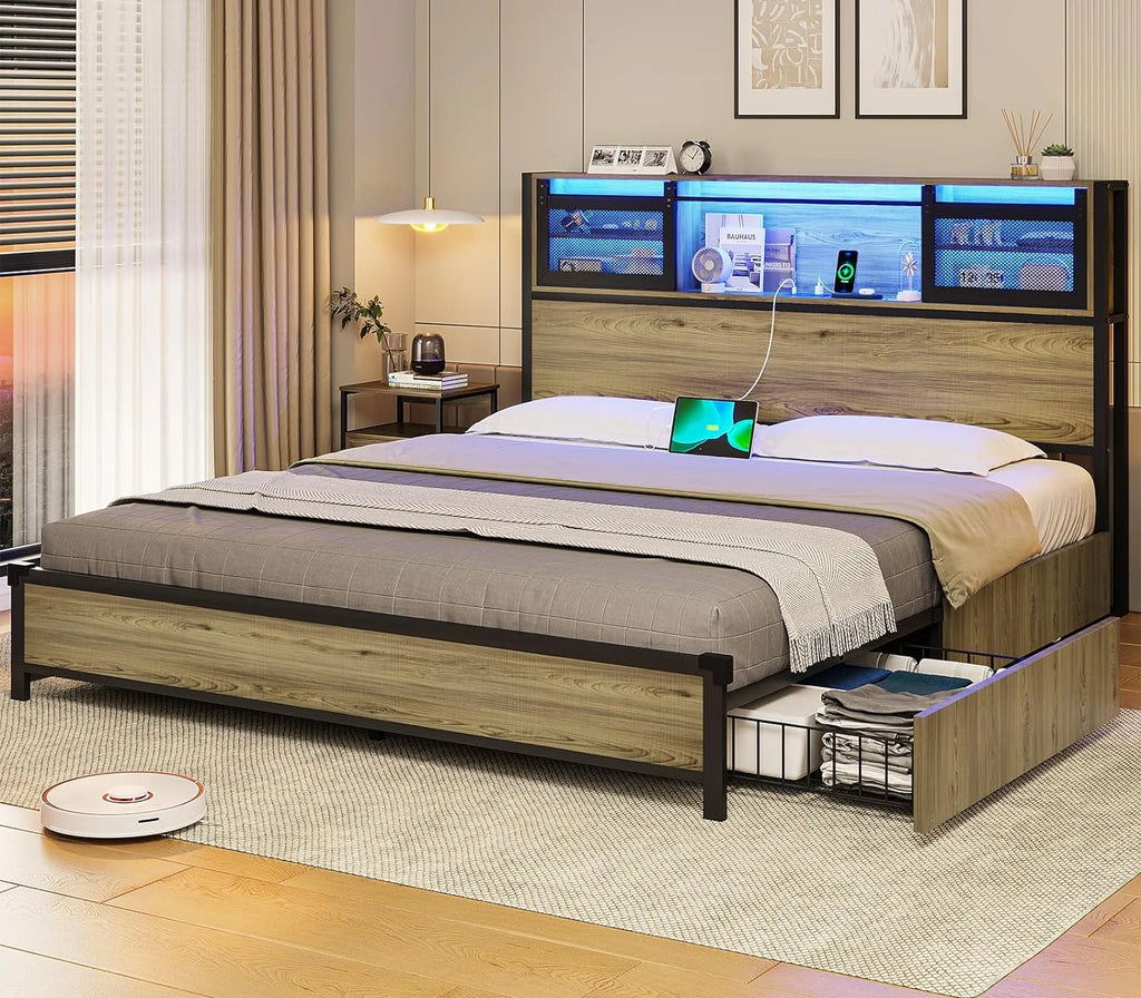 Queen Size Metal Platform Bed Frame with Storage Headboard and 4 Drawers X23921