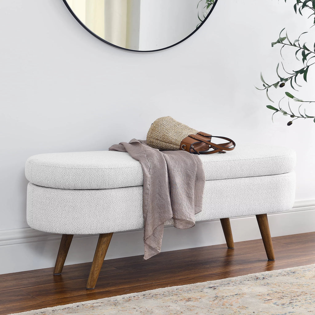 White Oval Storage Ottoman Bench with Rubber Wood Legs I5538