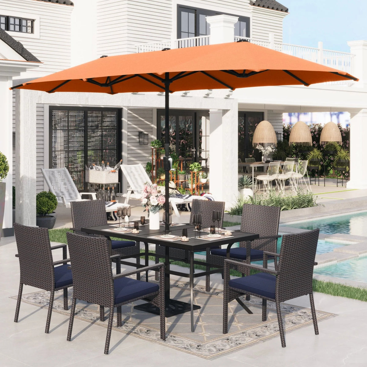 8 Pieces Outdoor Patio Dining Set with Navy Umbrella F119413