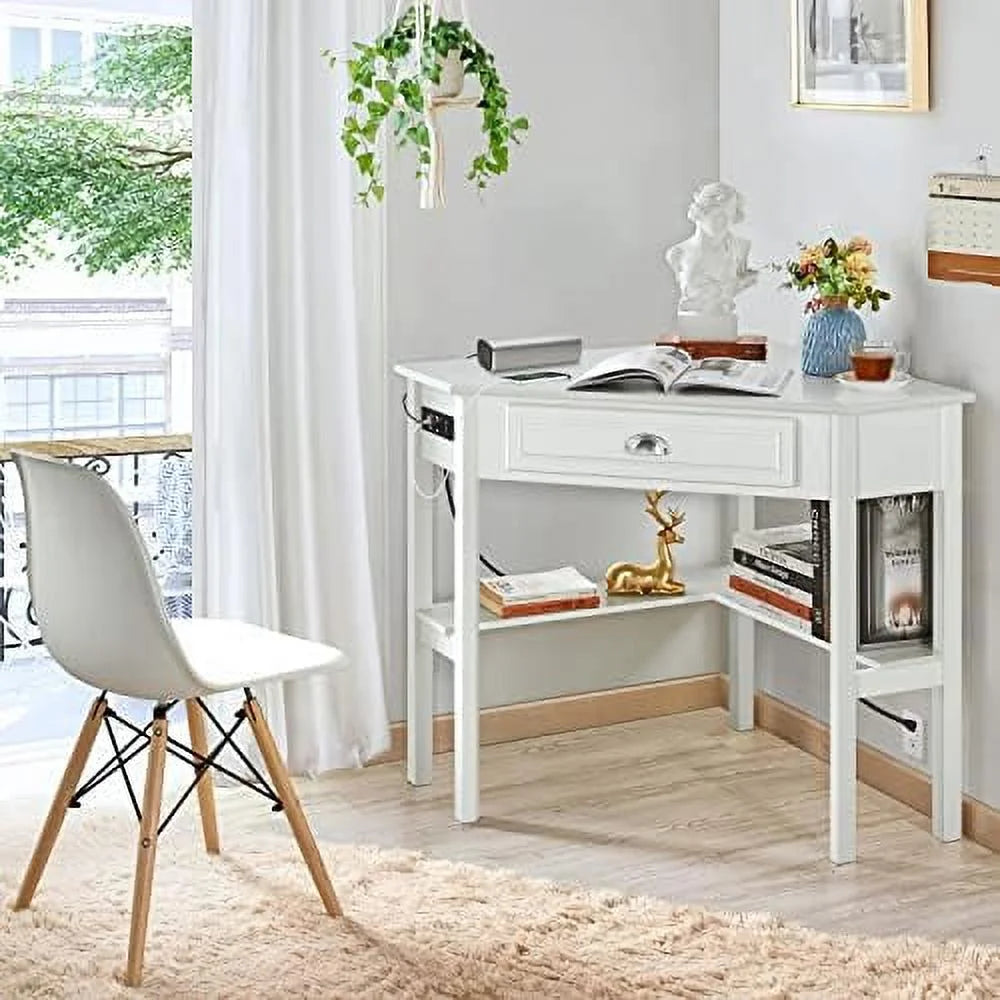L Shaped Corner Computer Desk with Power Outlets White A7330