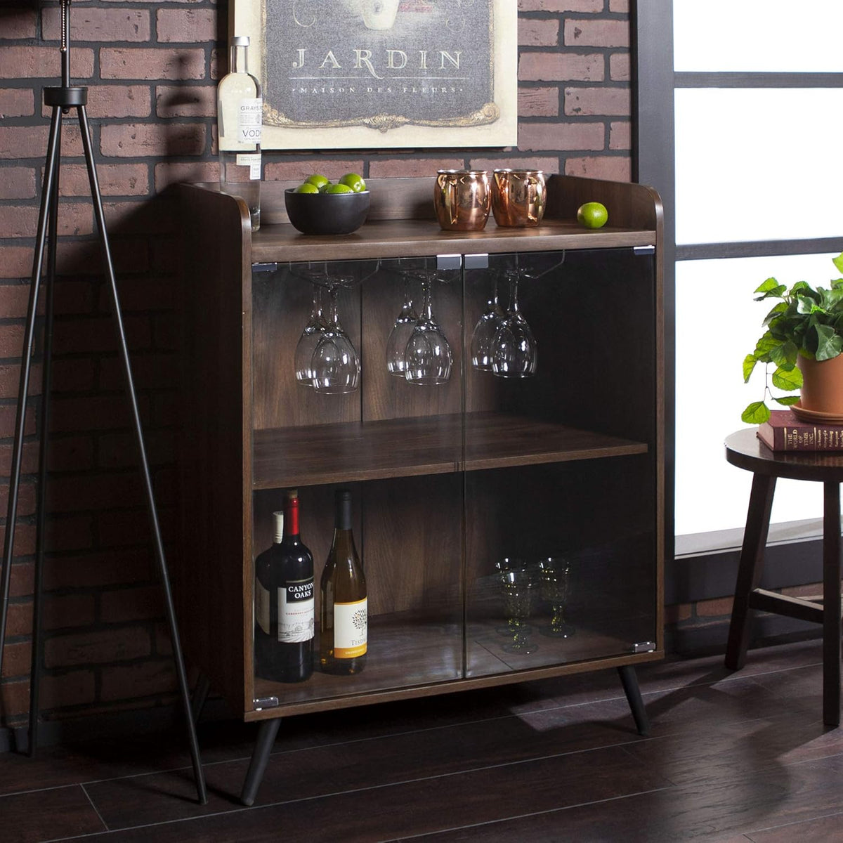Dark Walnut 30 Inch Glass Door Bar Cabinet Y913