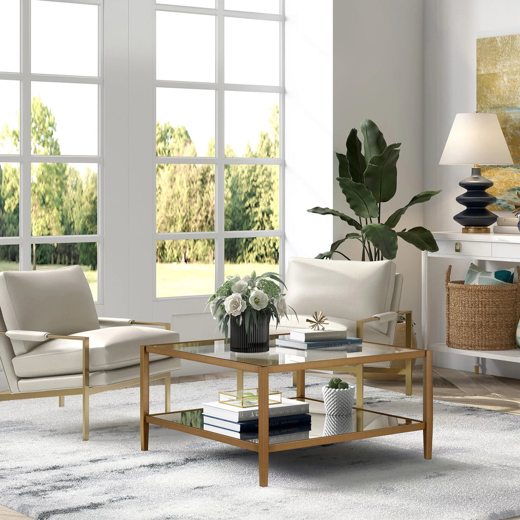 32" Wide Square Coffee Table with Mirror Shelf T37633