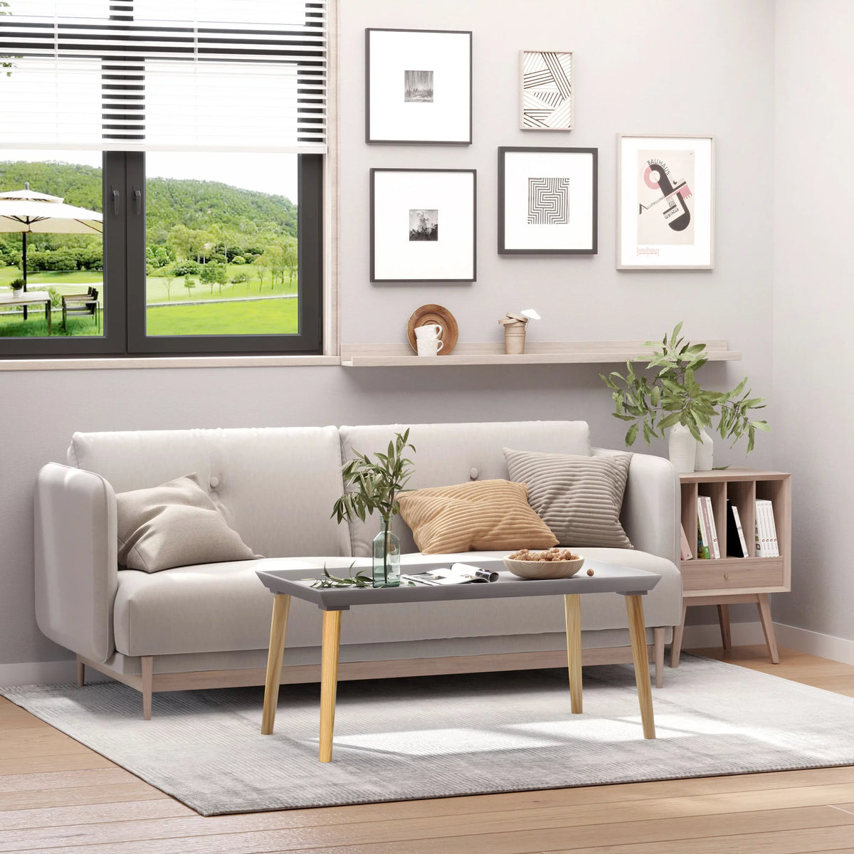 Gray Coffee Table with Tray Top and Pine Wood Legs B2641