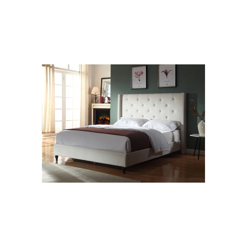 Beige Fabric Upholstered Wingback Platform Bed T9571