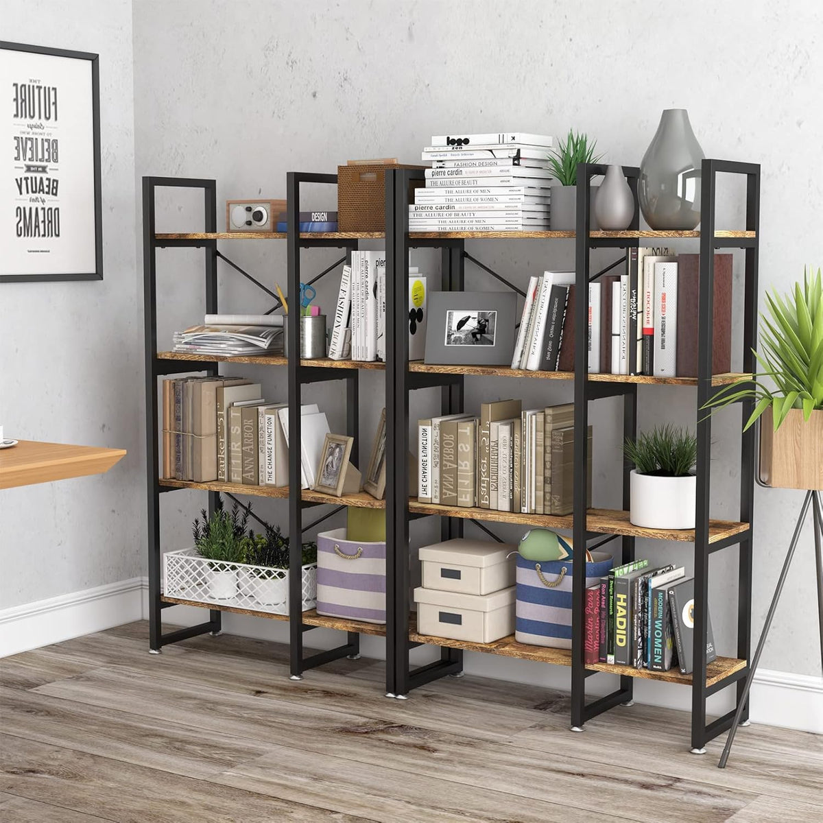 4 Tiers Double Wide Rustic Brown Bookshelf with Metal Frame N580
