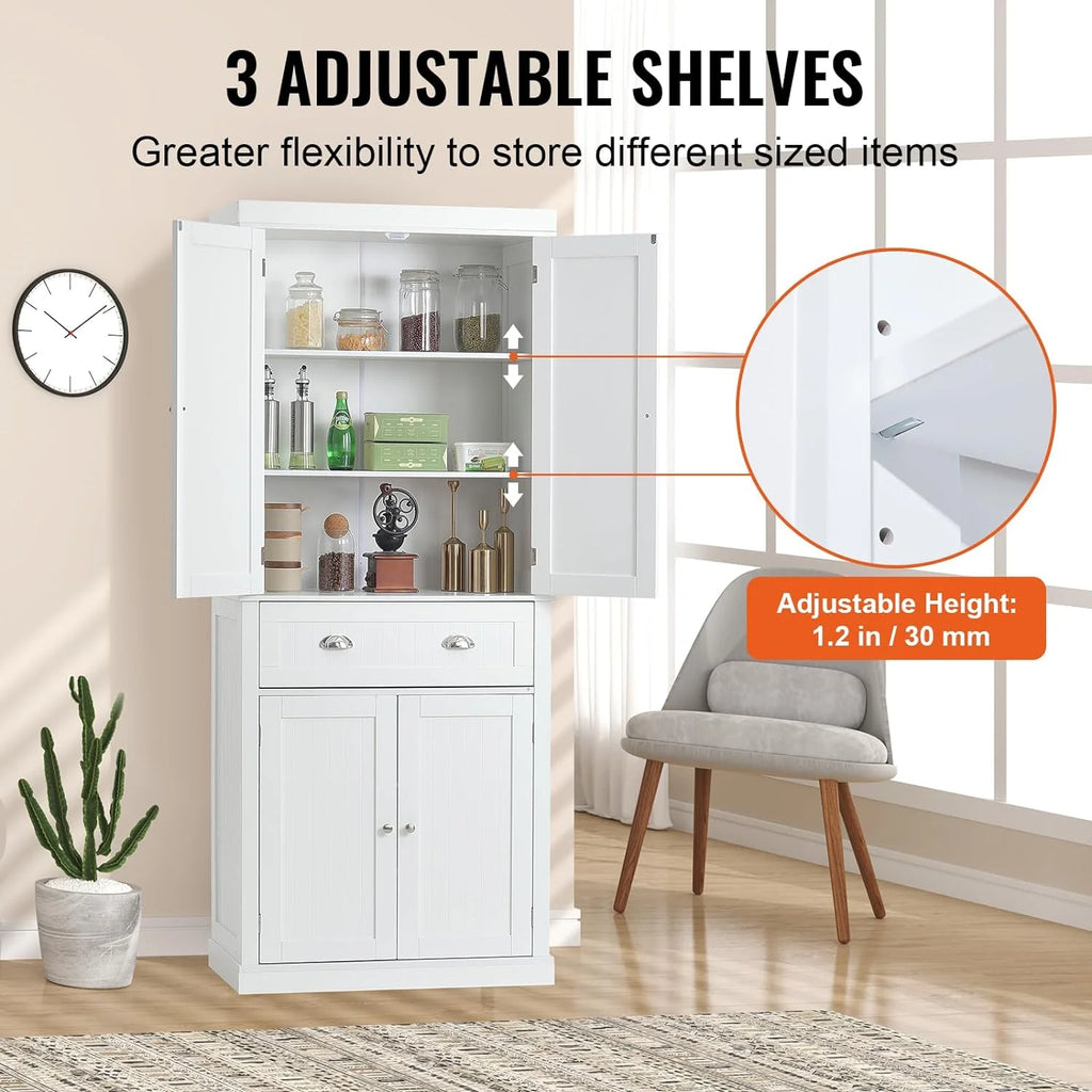72" Pearl White Utility Cabinet with Doors Drawer and 3 Adjustable Shelves W960722