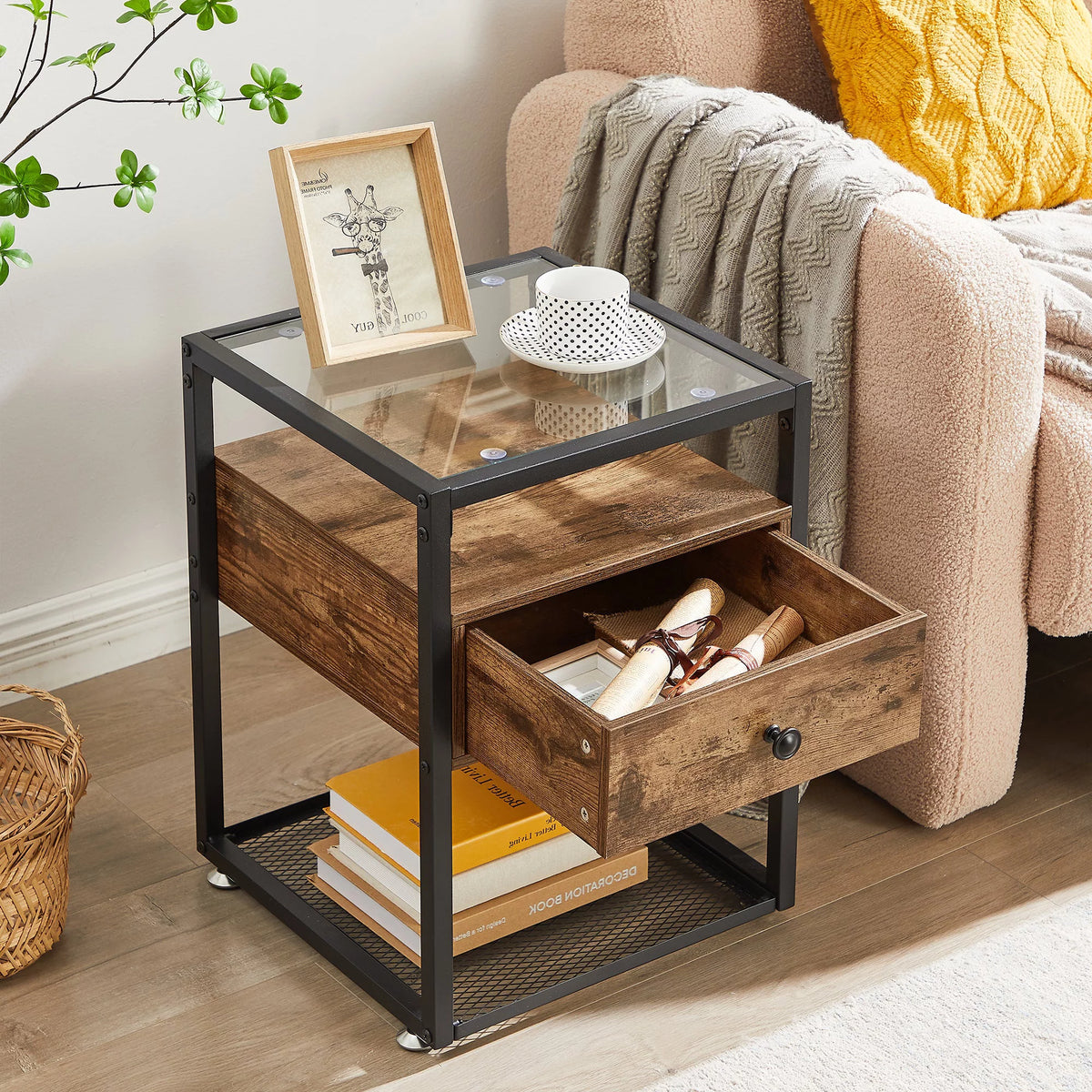 Brown Nightstand with Drawer and Shelf W475
