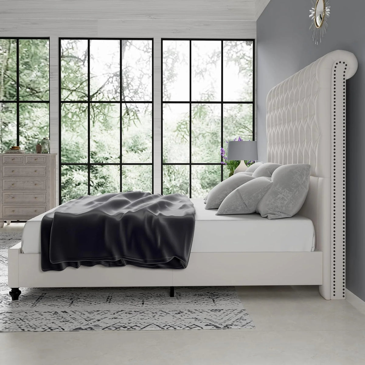 King Size Velvet Upholstered Platform Bed with Sleigh Headboard C5900