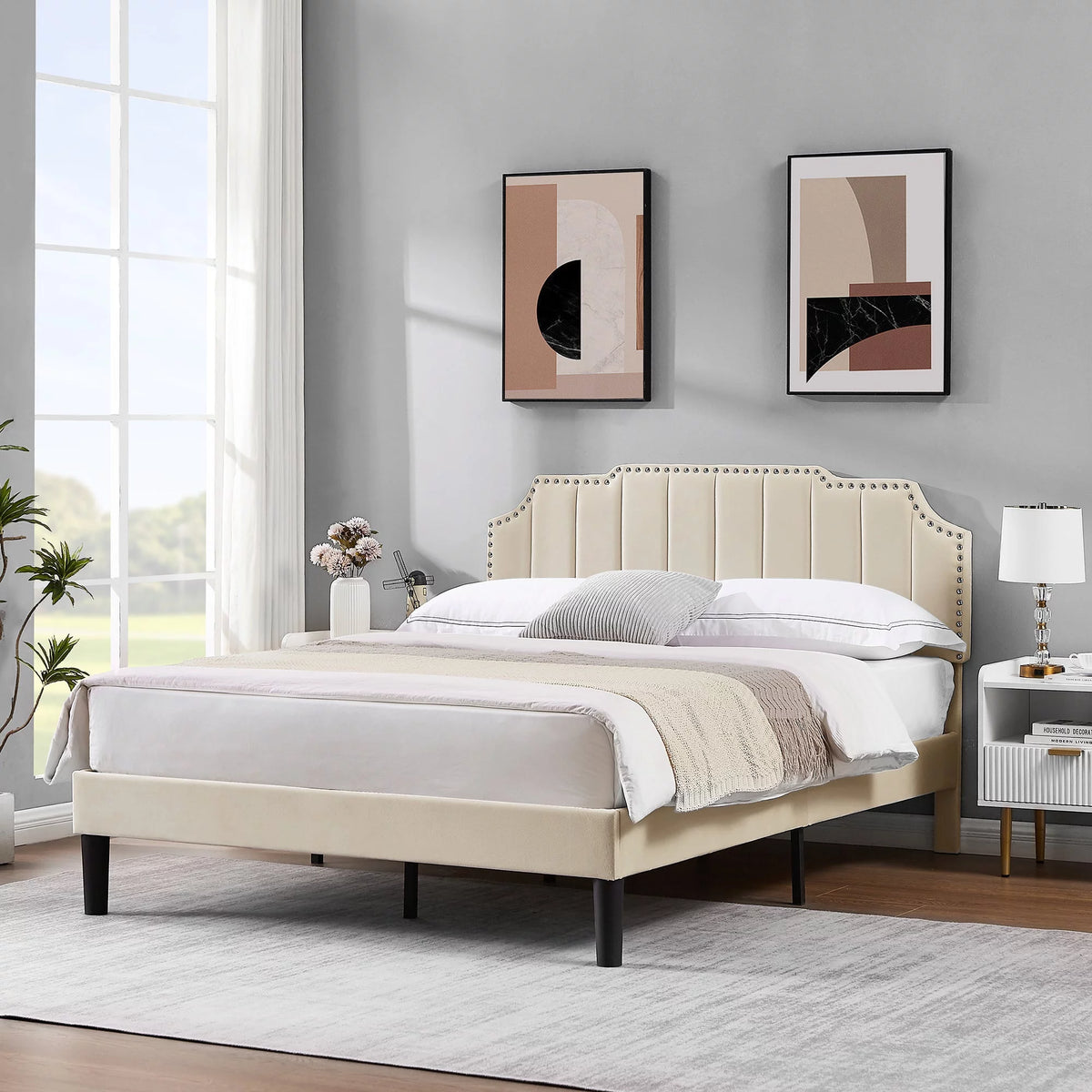 Queen Size Upholstered Platform Bed Frame with Nailhead Trim H33820