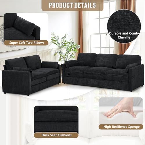 Black Chenille 3 Seats and 2 Seats Sofa Set with Pillows E22763