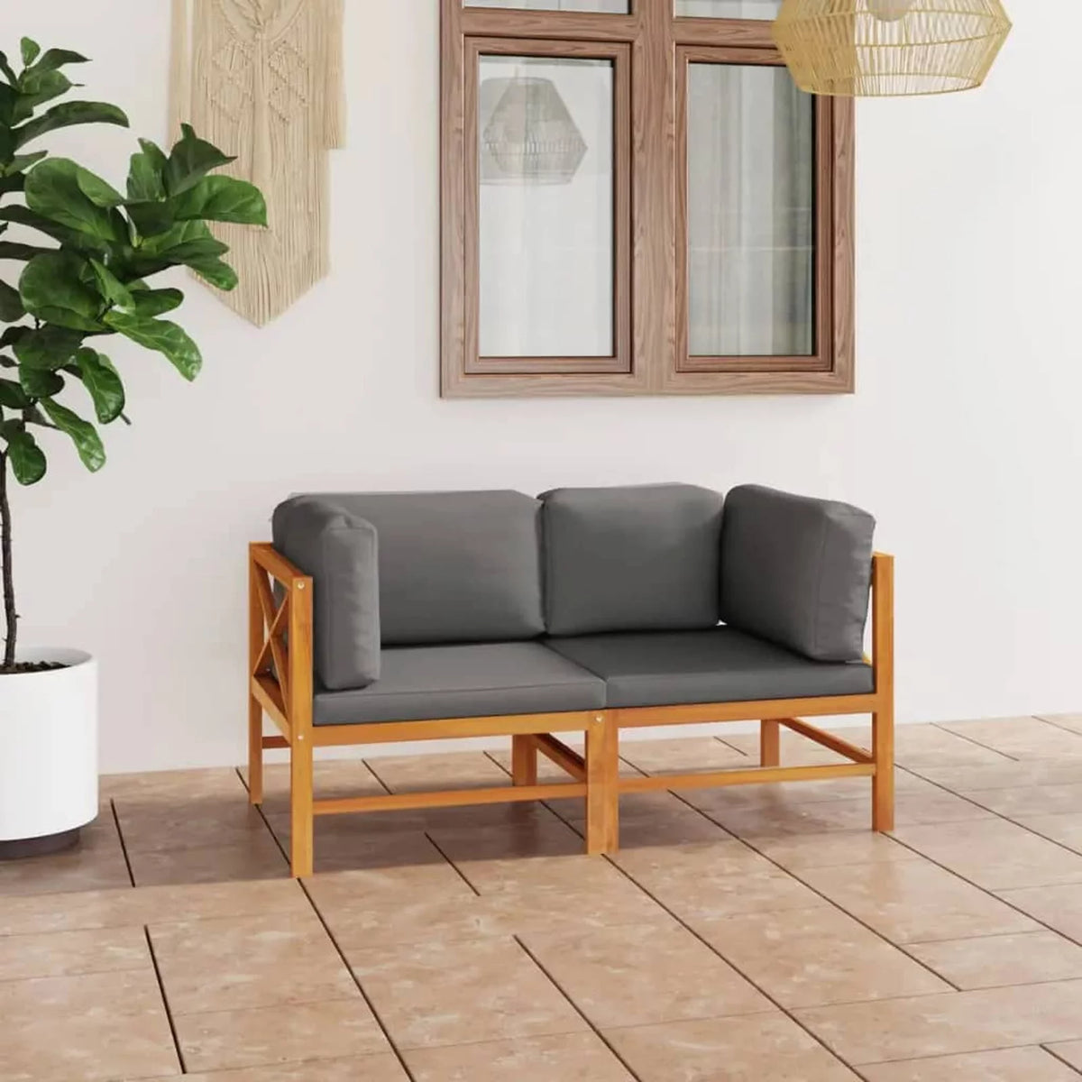 2-Seater Teak Wood Patio Sofa with Gray Cushions X531555