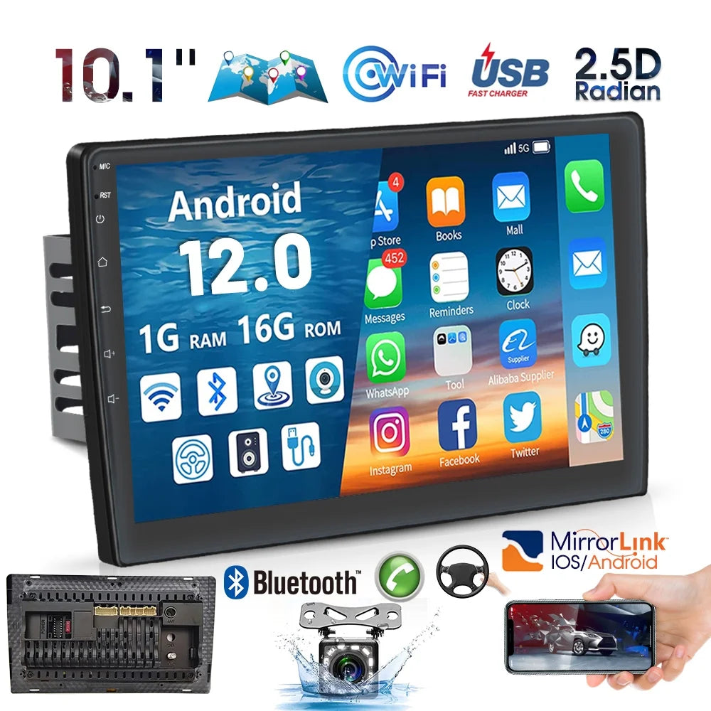 Android 12 Double 2 Din Car Stereo Radio 10.1'' HD Touch Screen 1080P Car Multimedia Player Head Unit Bluetooth WIFI GPS FM Receiver with Rearview Camera Y3386