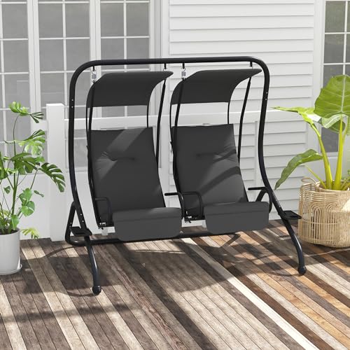 Patio Swing Chair with 2 Separate Seats, Removable Canopy and Cup Holders, Gray O69862