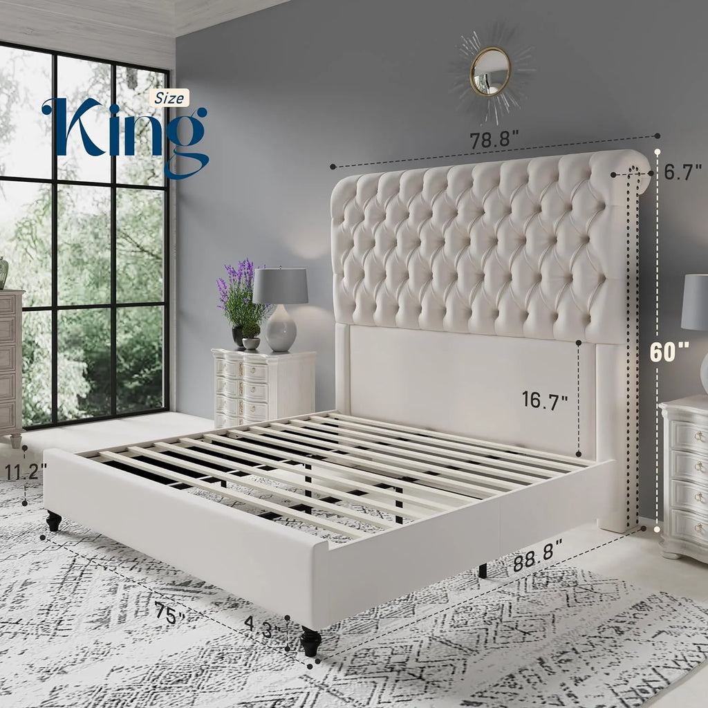 King Size Velvet Upholstered Platform Bed with Sleigh Headboard C5900