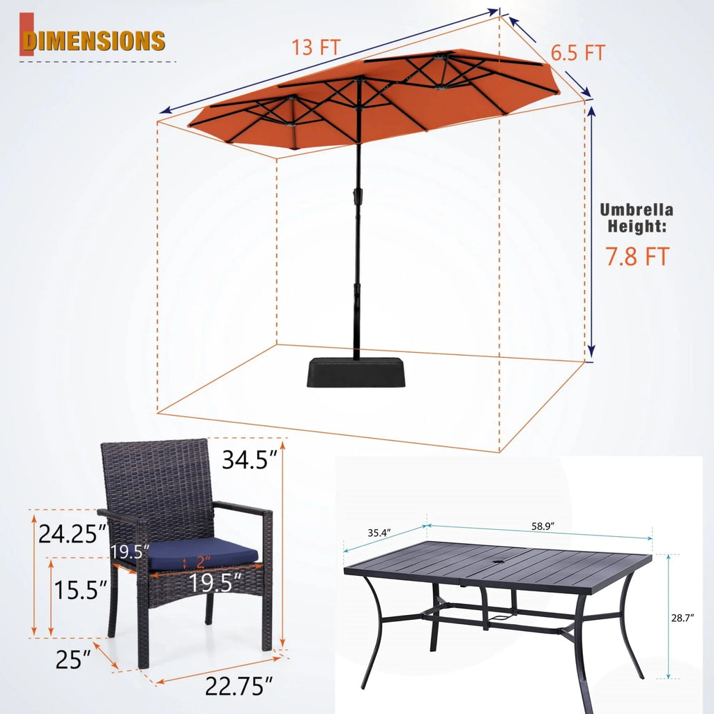 8 Pieces Outdoor Patio Dining Set with Navy Umbrella F119413