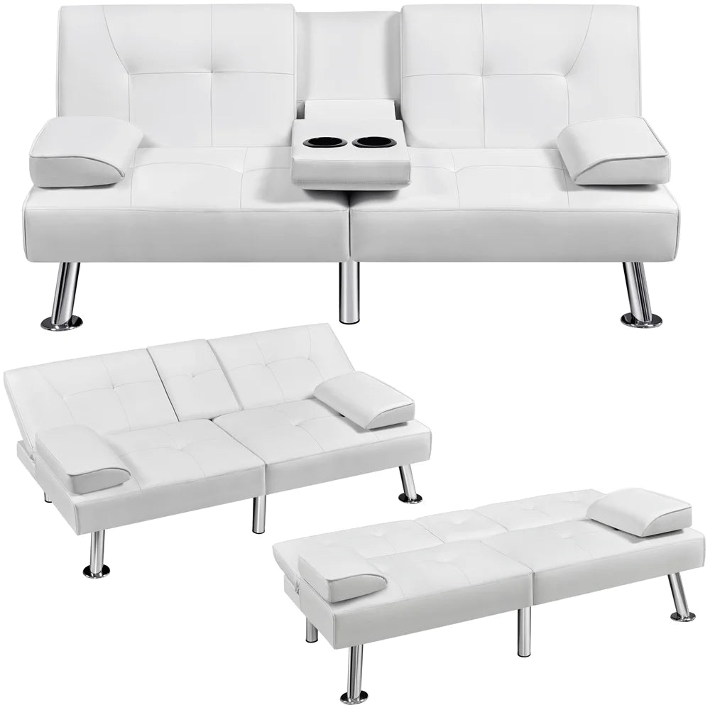 White Faux Leather Futon Sofa Bed with Cup Holders S2753