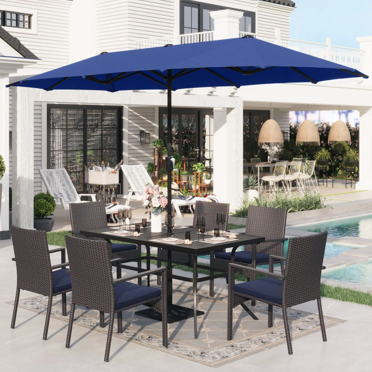 8 Pieces Outdoor Patio Dining Set with Navy Umbrella F119413