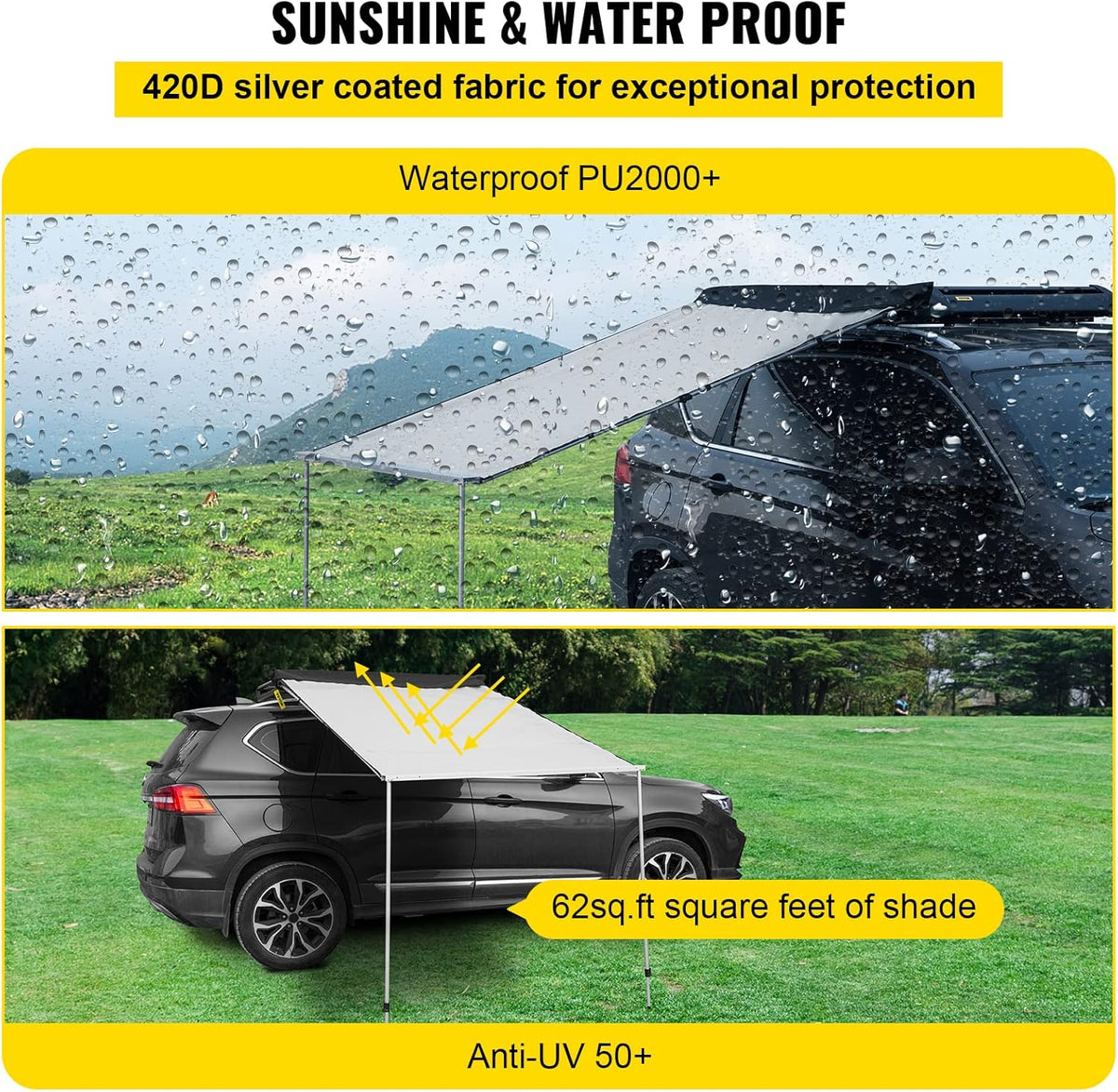 Car Side Awning, 7.6'x8.2', Retractable Waterproof UV50+ with Carry Bag, Grey T743852
