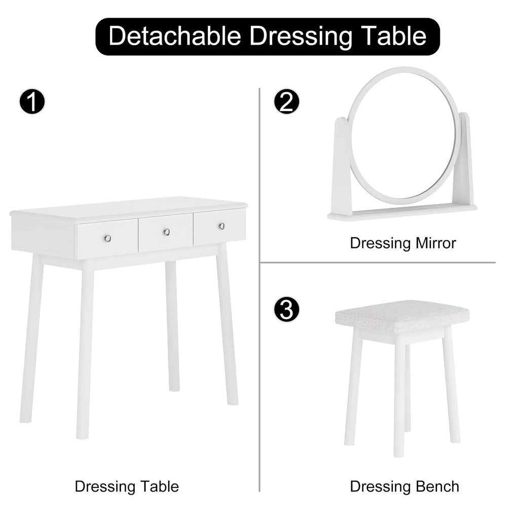 White 3 Drawer Vanity Table Set with Stool and Mirror P173472