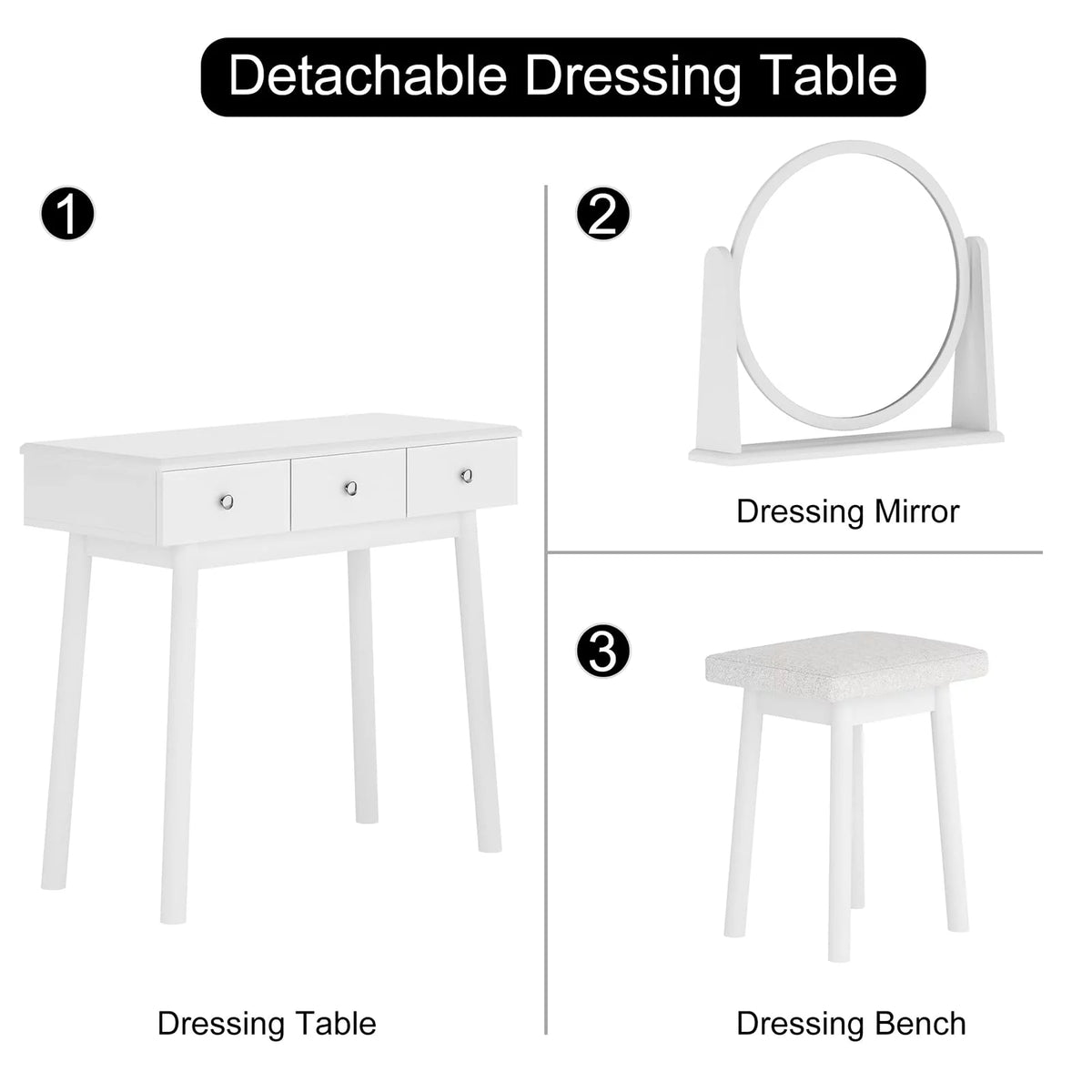 White 3 Drawer Vanity Table Set with Stool and Mirror P173472
