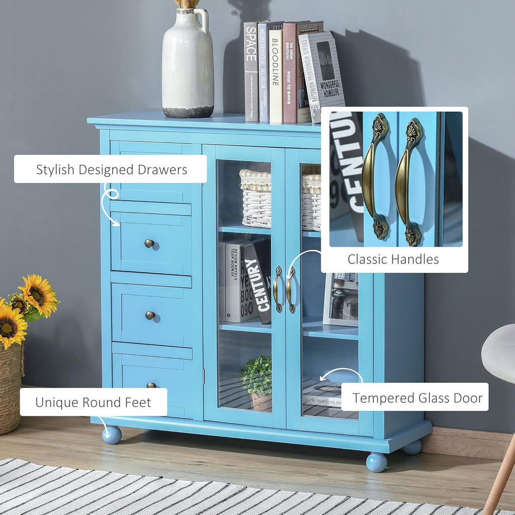 Storage Sideboard Cabinet with 4 Drawers and Glass Door Cupboard V79343