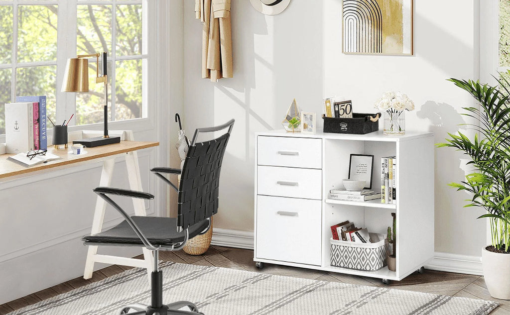 White 3 Drawer Wood File Cabinet with Wheels W760209
