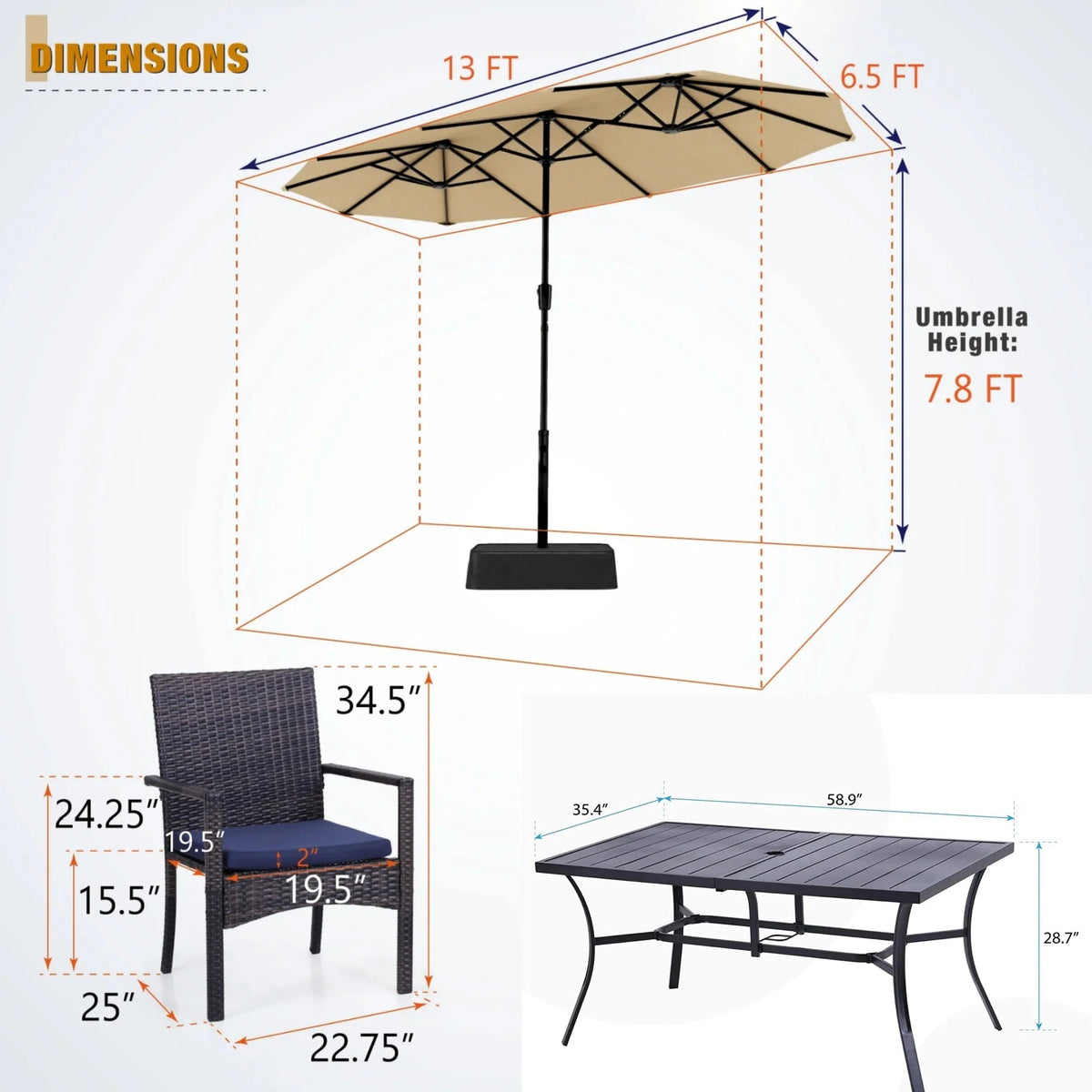 8 Pieces Outdoor Patio Dining Set with Navy Umbrella F119413