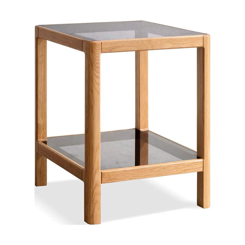 Natural Oak Wood End Table with Tempered Glass J926895