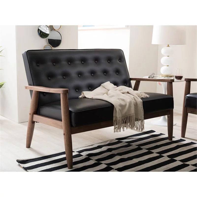 Black 2 Piece Faux Leather Loveseat and Reception Chair Set T2001