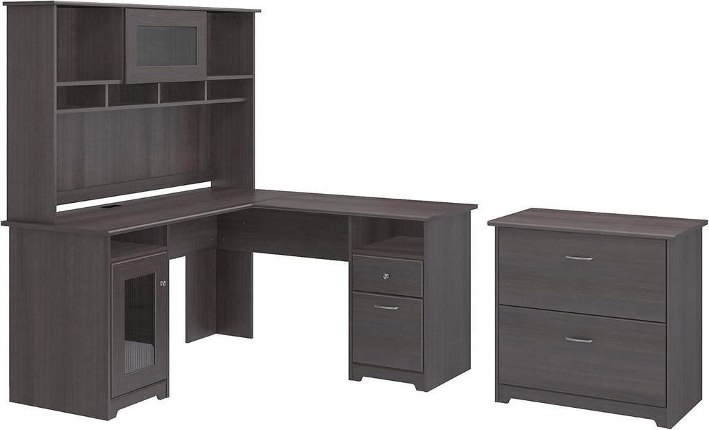 L Shaped Desk with Hutch and Lateral File Cabinet O239