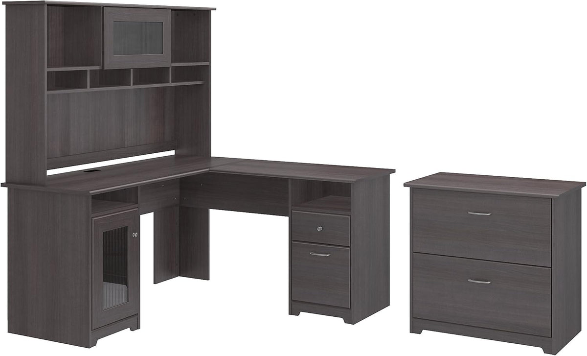 L Shaped Desk with Hutch and Lateral File Cabinet O239