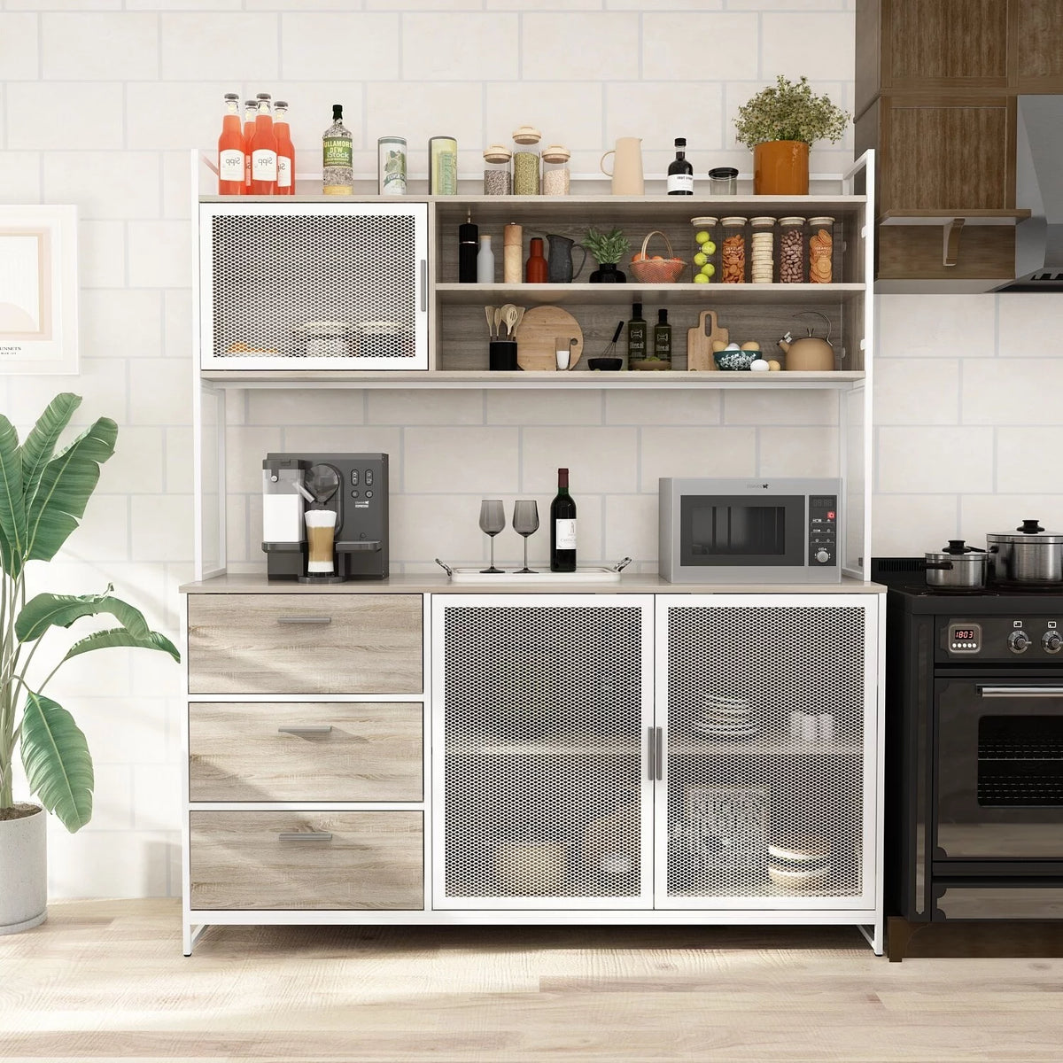 59"W 68.5"H Oak Kitchen Pantry Storage Cabinet with Hutch L748879