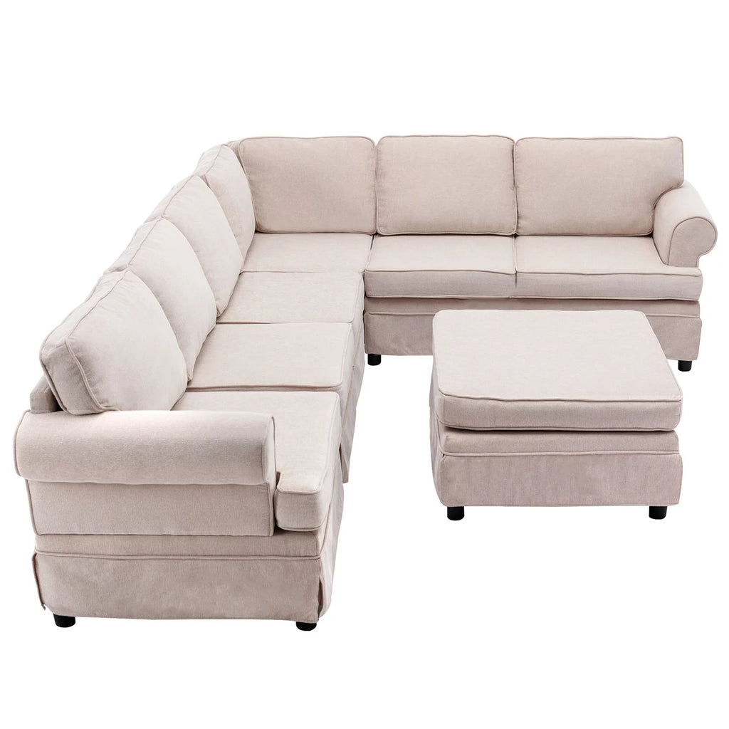 Beige Linen U Shape Convertible Sectional Sofa with Ottoman P49064