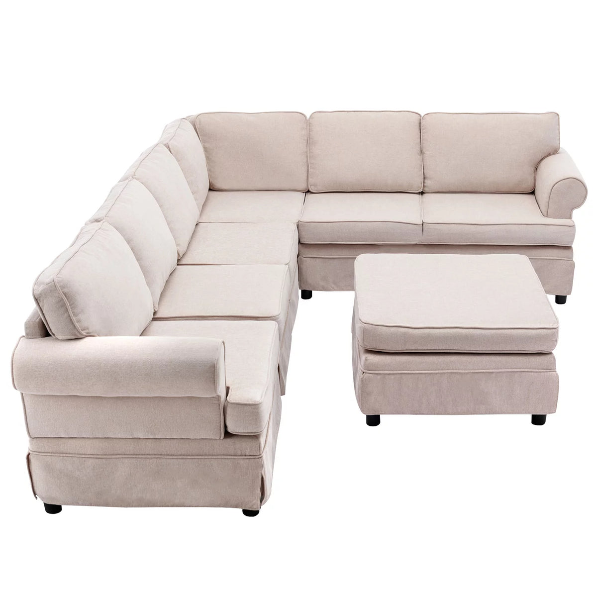 Beige Linen U Shape Convertible Sectional Sofa with Ottoman P49064