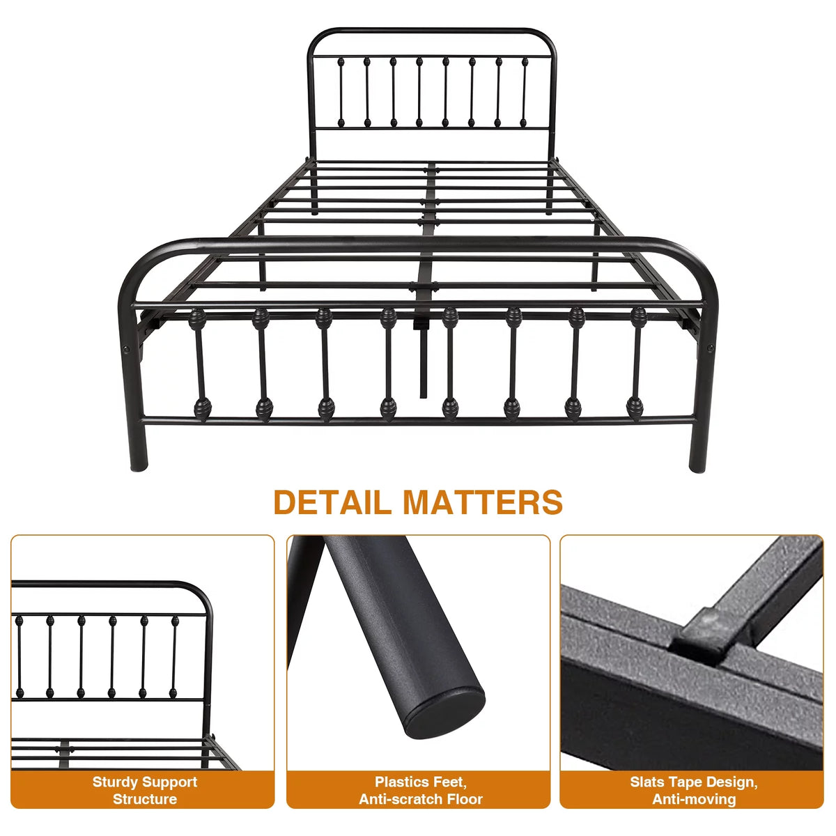 Queen Size Black Iron Bed with Headboard and Footboard W65968