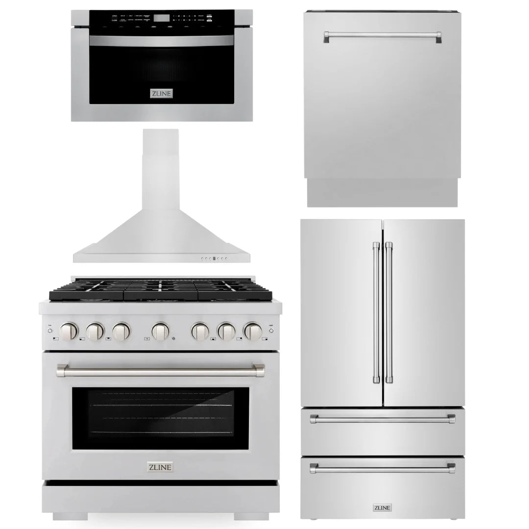 36 in. Gas Range, Range Hood, Microwave Drawer, Dishwasher, Refrigerator P972