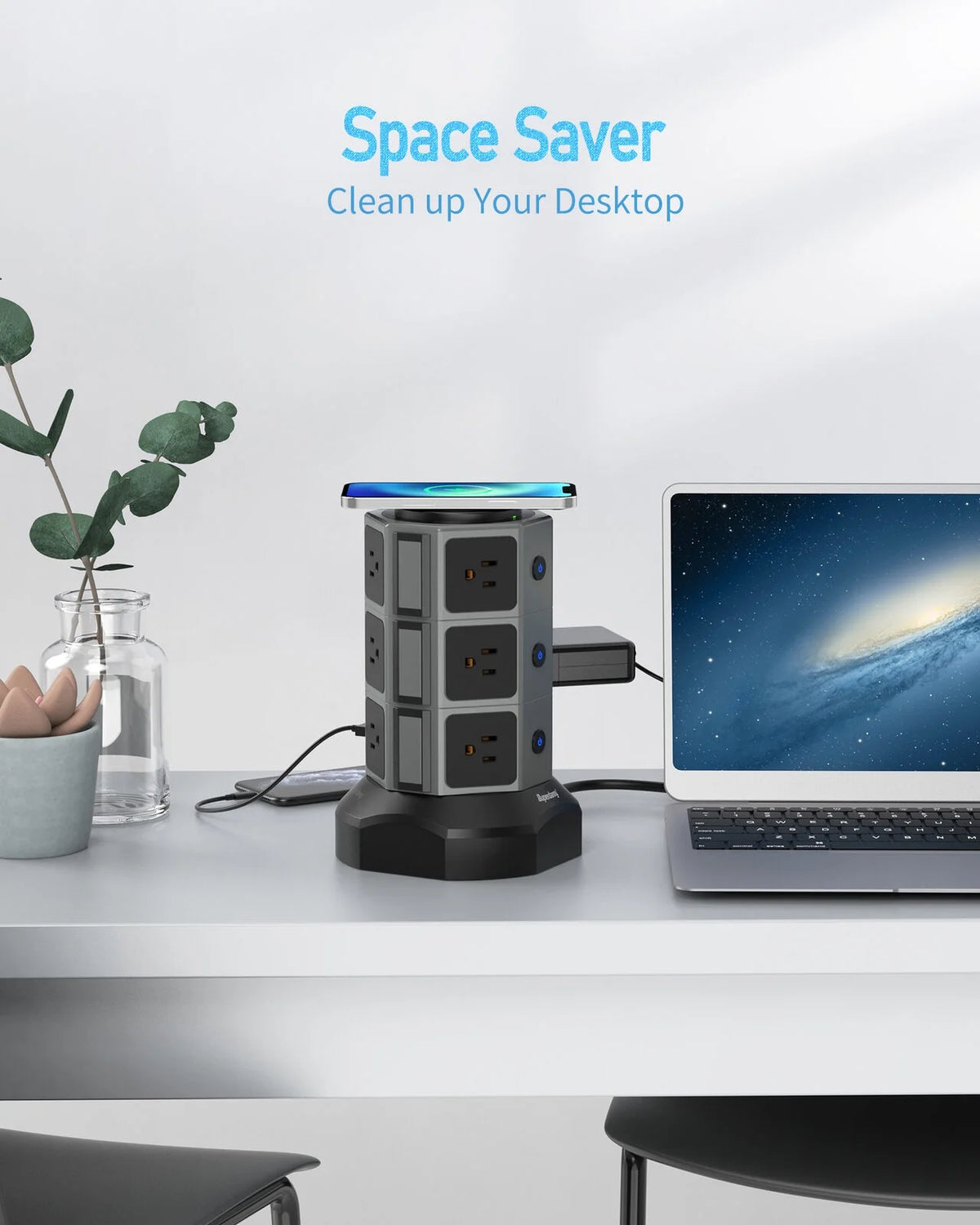 Surge Protector Power Strip Tower with Wireless Charger USB Ports 12 AC Outlet 6.5FT K598