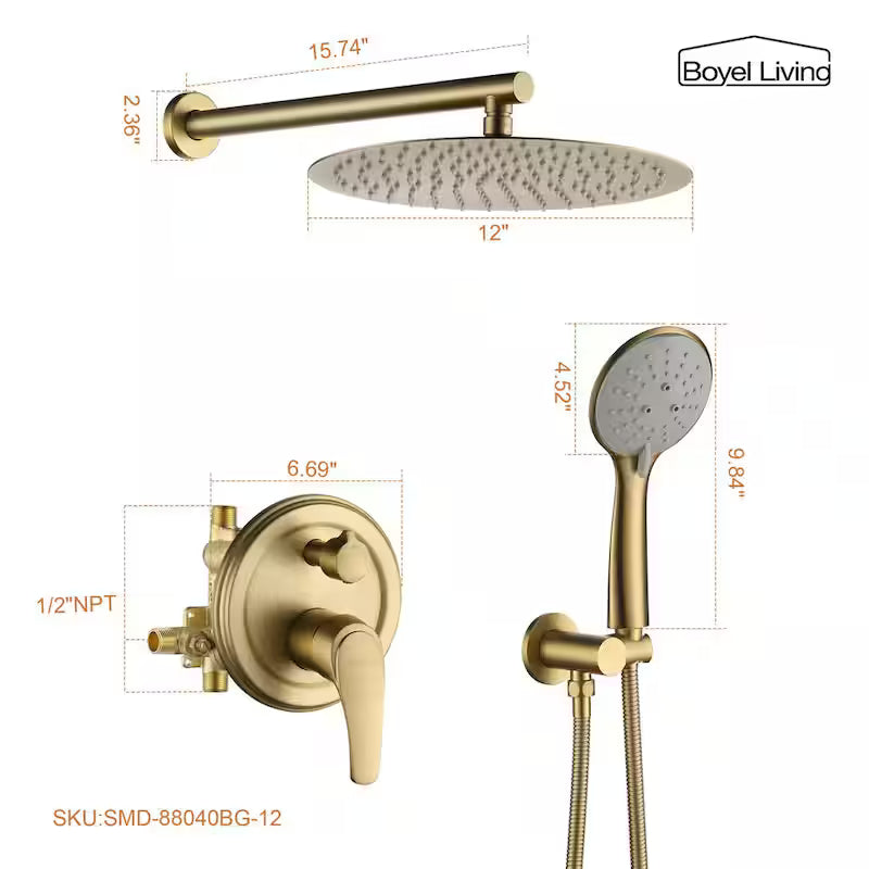 Wall Mount Dual Shower Heads with Valve in Brushed Gold W125
