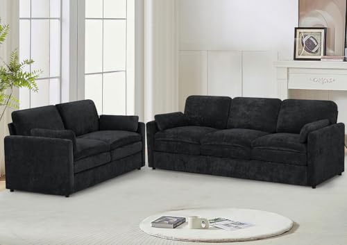 Black Chenille 3 Seats and 2 Seats Sofa Set with Pillows E22763
