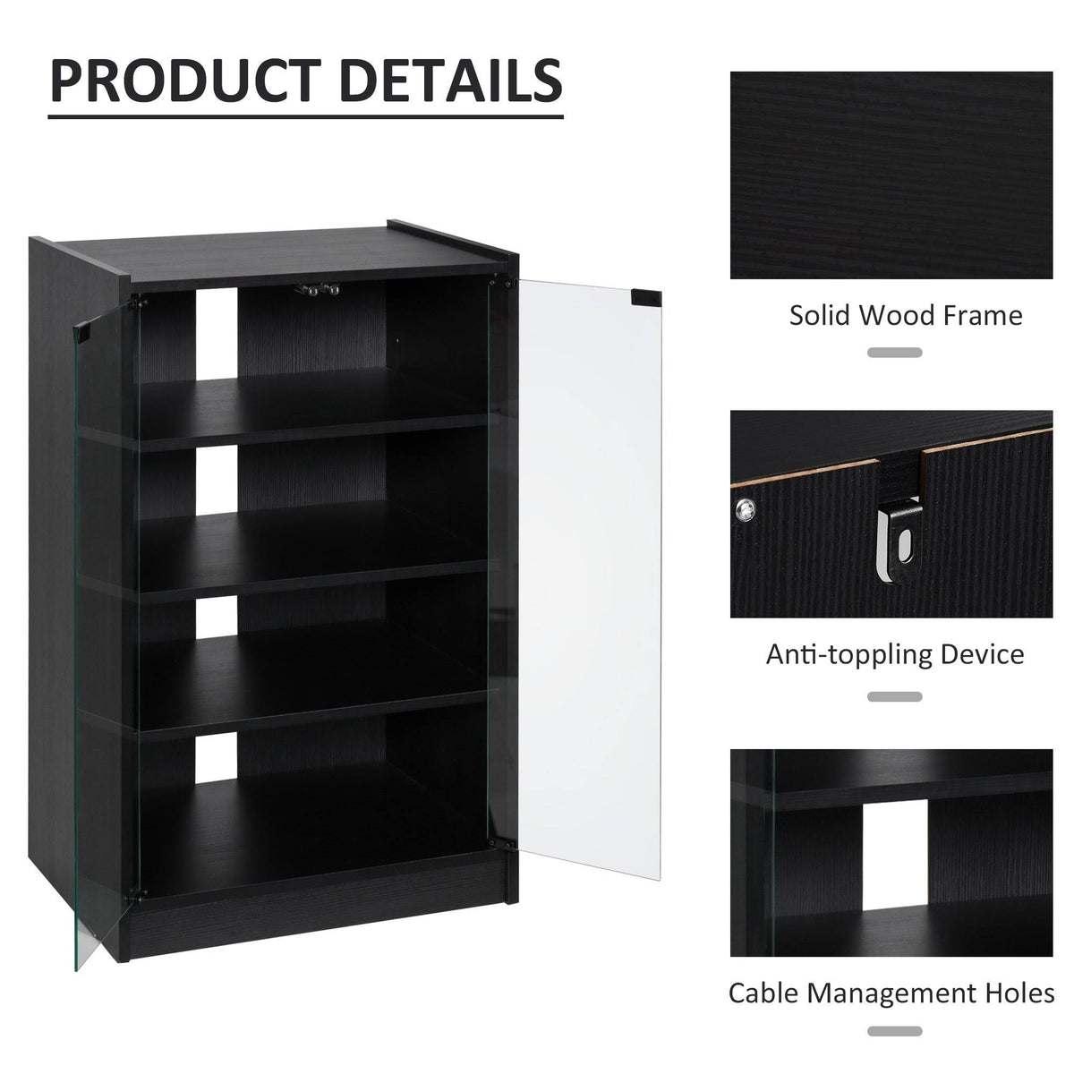 5-Tier Media Stand Cabinet with Tempered Glass Doors, Black O7322