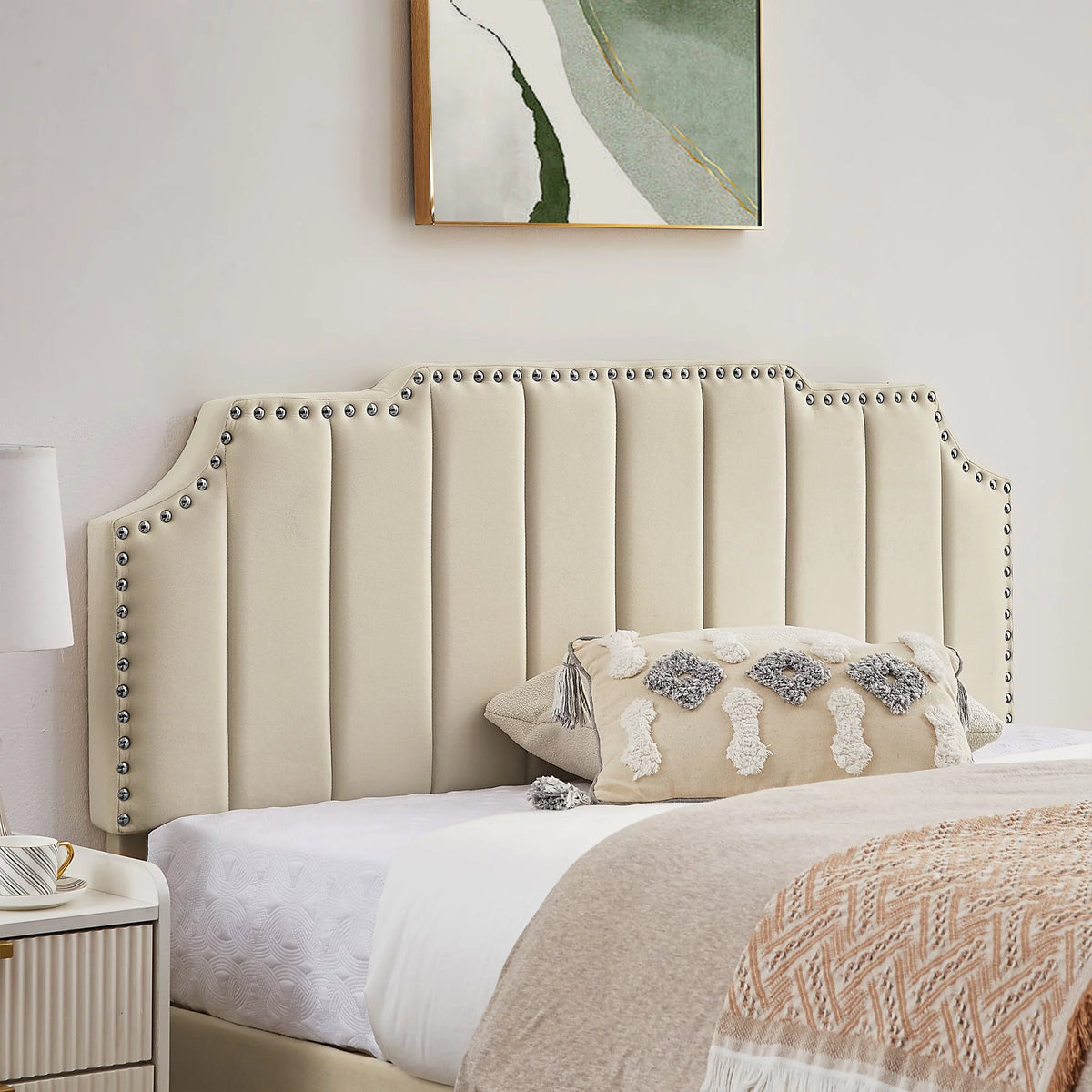 Queen Size Upholstered Platform Bed Frame with Nailhead Trim H33820