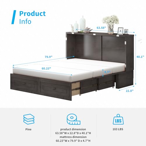 Queen Size Murphy Bed with Tri-Folding Mattress and Storage Drawers I958
