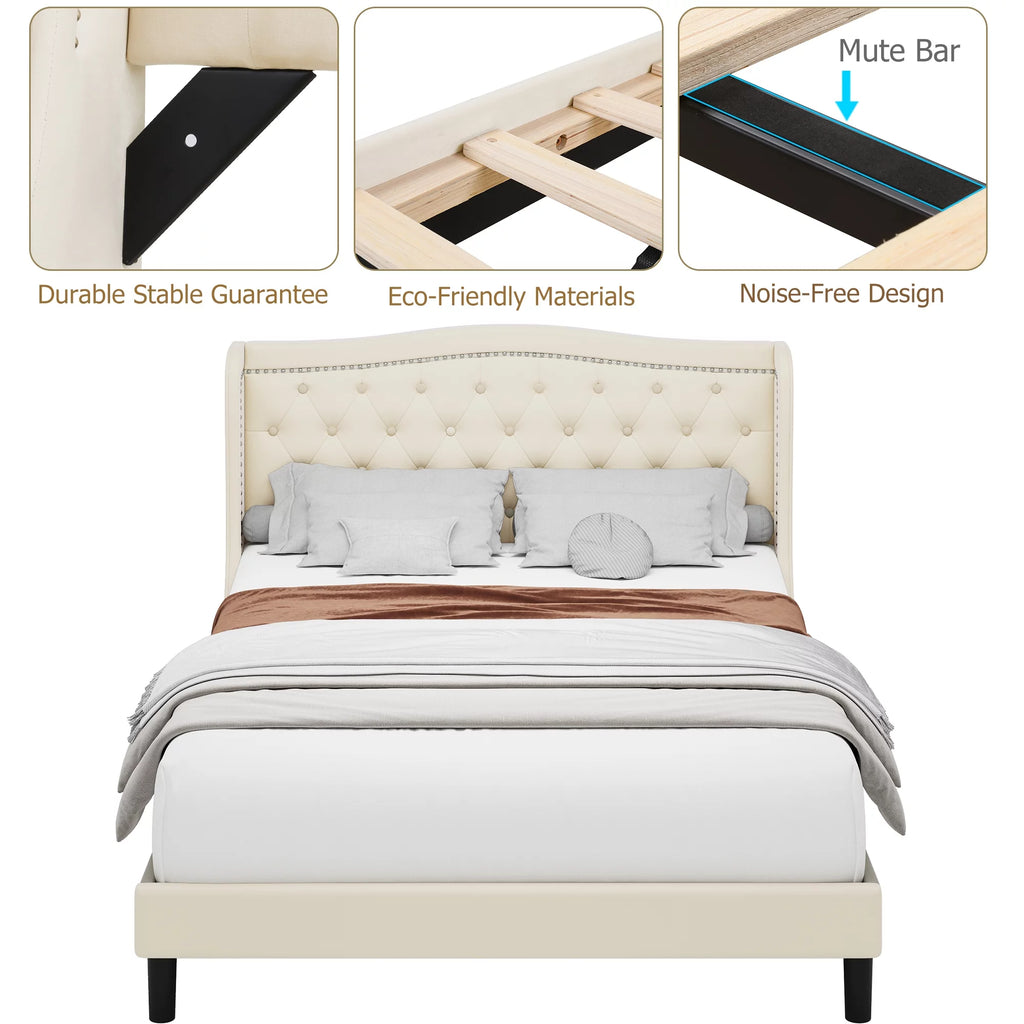 King Bed Frame with Wing-Back Button Tufted Upholstered Headboard R580527