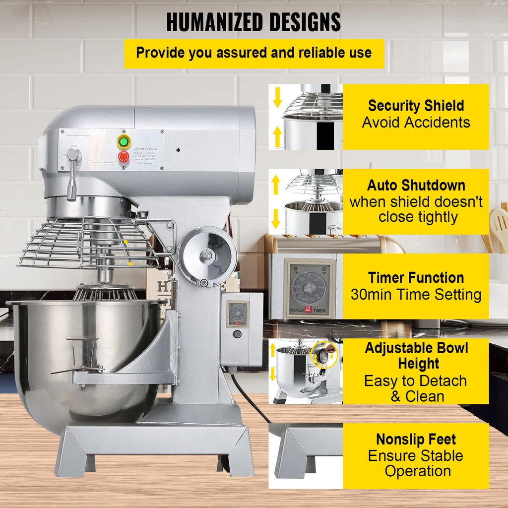 Commercial Food Mixer 20Qt 750W 3 Speeds Stainless Steel Bowl B75335