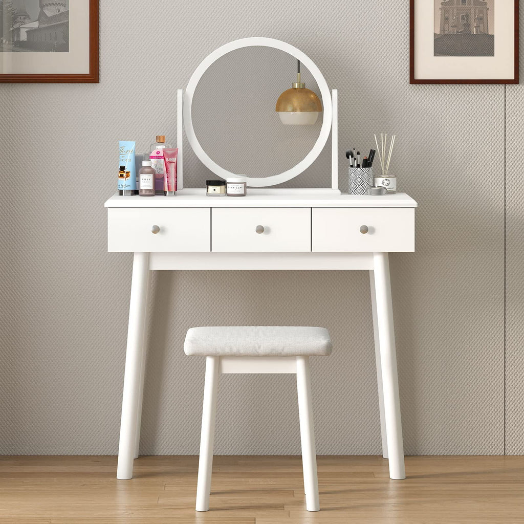 White 3 Drawer Vanity Table Set with Stool and Mirror P173472