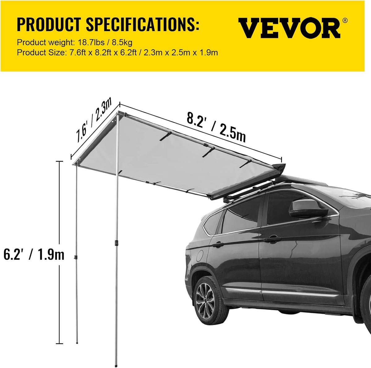 Car Side Awning, 7.6'x8.2', Retractable Waterproof UV50+ with Carry Bag, Grey T743852