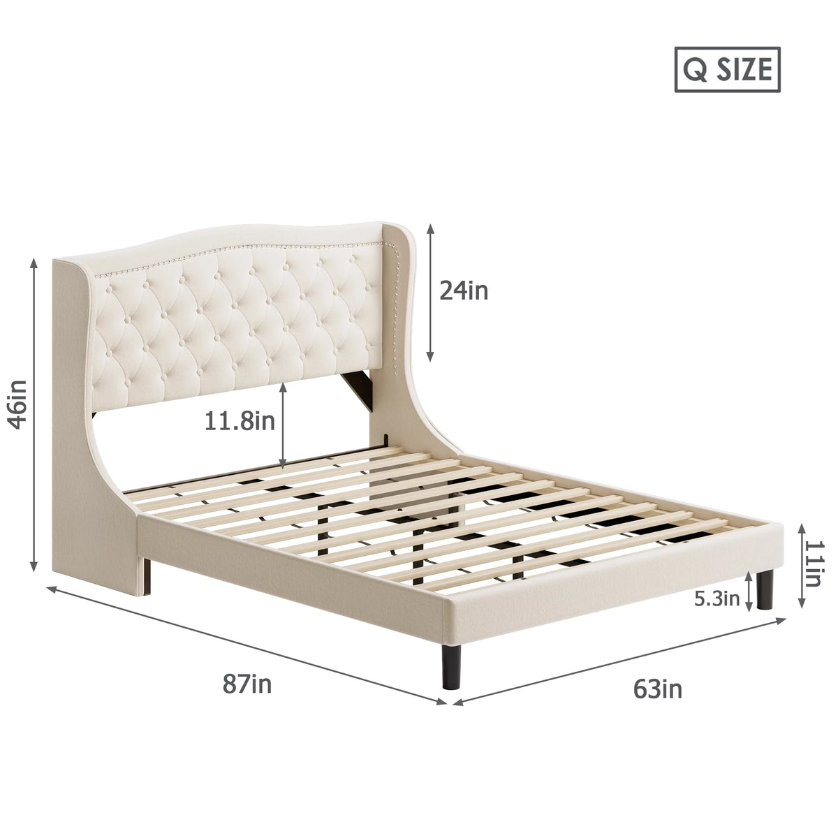 King Bed Frame with Wing-Back Button Tufted Upholstered Headboard R580527