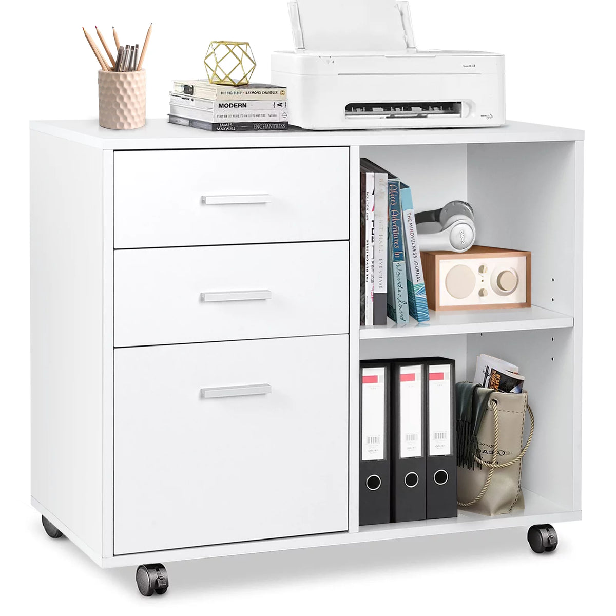 White 3 Drawer Wood File Cabinet with Wheels W760209