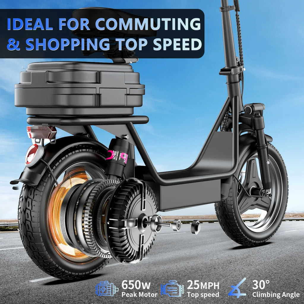 14" Tires 20MPH 25Miles Electric Scooter with Seat & Basket O6854