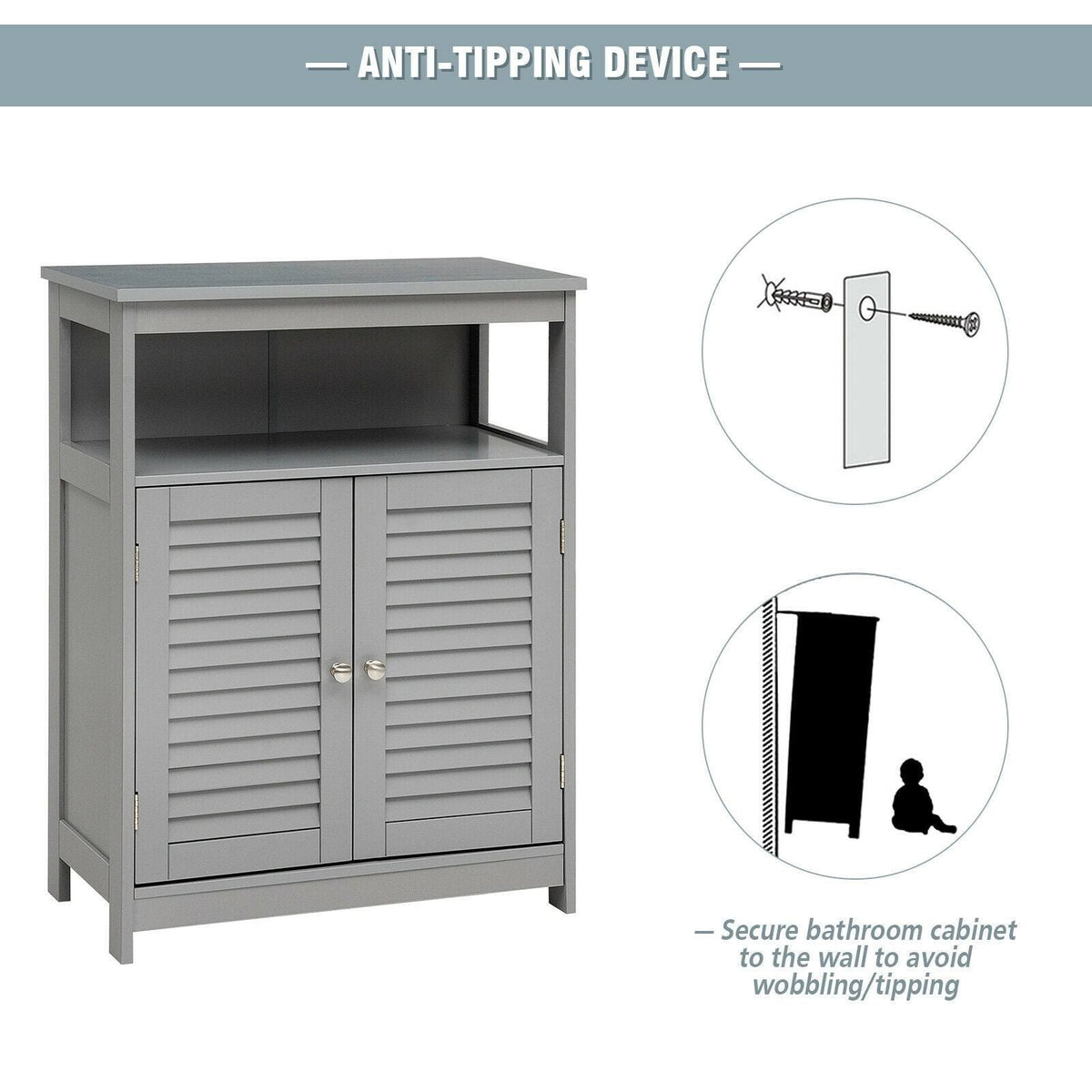 Gray Wood Freestanding Bathroom Storage Cabinet with Double Shutter Door L30554